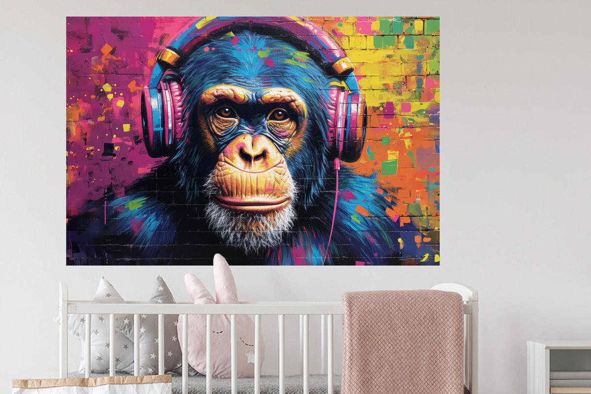 WANDTATTOO Graffiti - Schimpanse - Straßenkunst - Kopfhörer - Affe 120x80 cm - Blau, Kunststoff (120/80/0.1cm) - MuchoWow