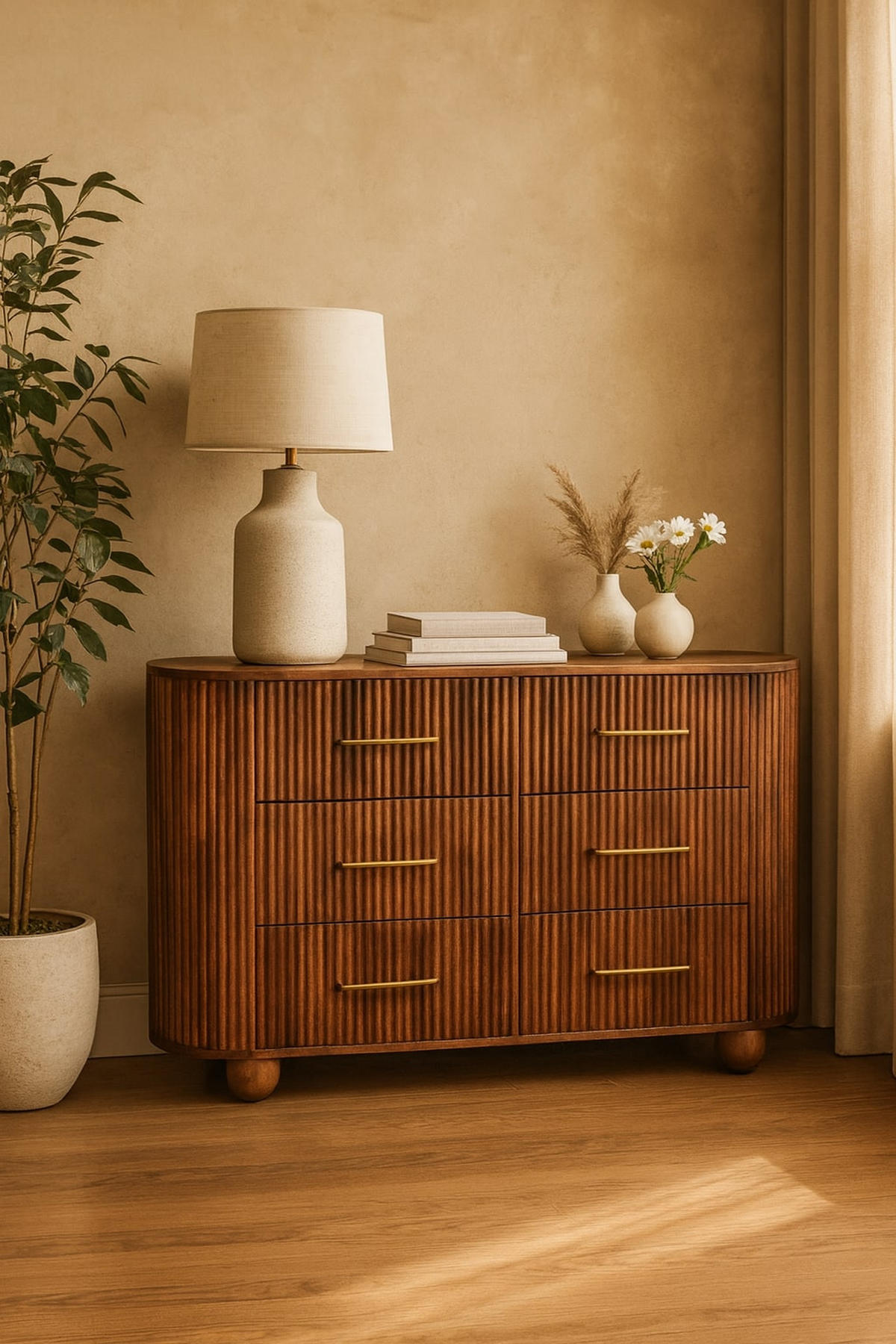 KOMMODE mit Roasted-Almond-Finish, 6 Schubladen, T-Bar-Griffe, geröstetes Braun - Goldfarben/Braun, Holz/Metall (135/79/35cm) - Artisan Furniture