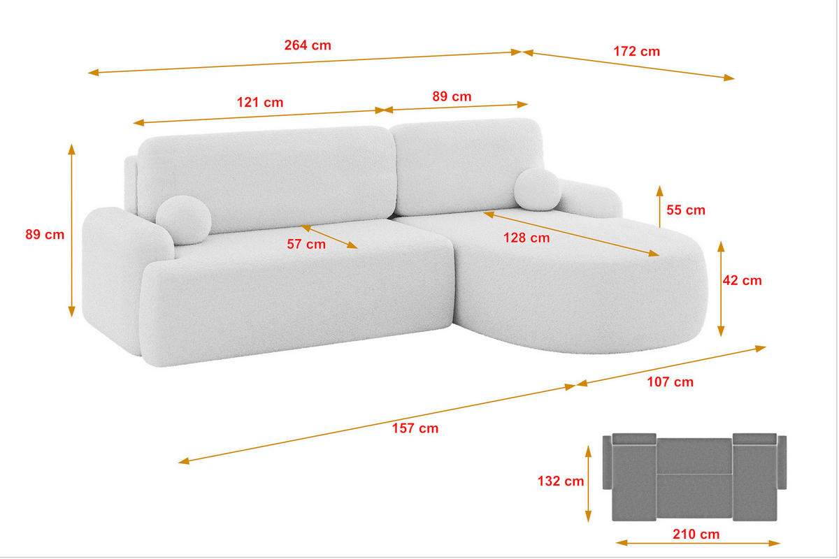 ECKSOFA mit Schlaffunktion und Bettkasten LIRA-L - 264x172x89 Weiß - Weiß, Holzwerkstoff/Textil (172/264cm) - ALTDECOR