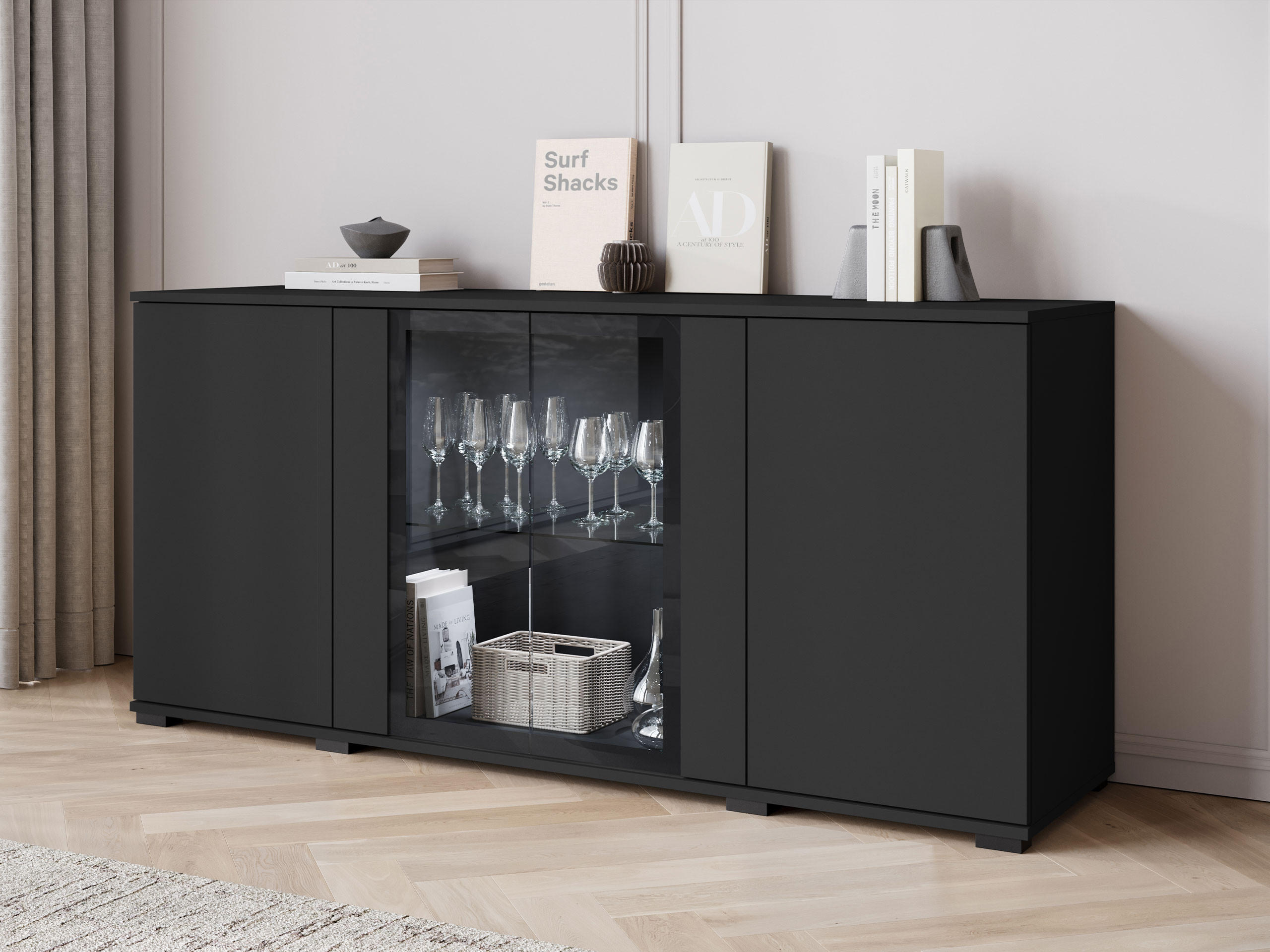 KOMMODE Caro SB 154 4D mit weißer LED Beleuchtung - Schwarz, Holzwerkstoff/Kunststoff (150/70/40cm) - MIRJAN24