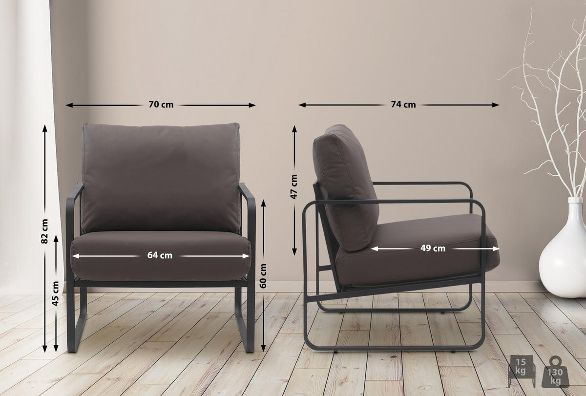 SESSEL Lederlook braun - Schwarz/Braun, Textil/Metall (70/82/74cm) - CLP