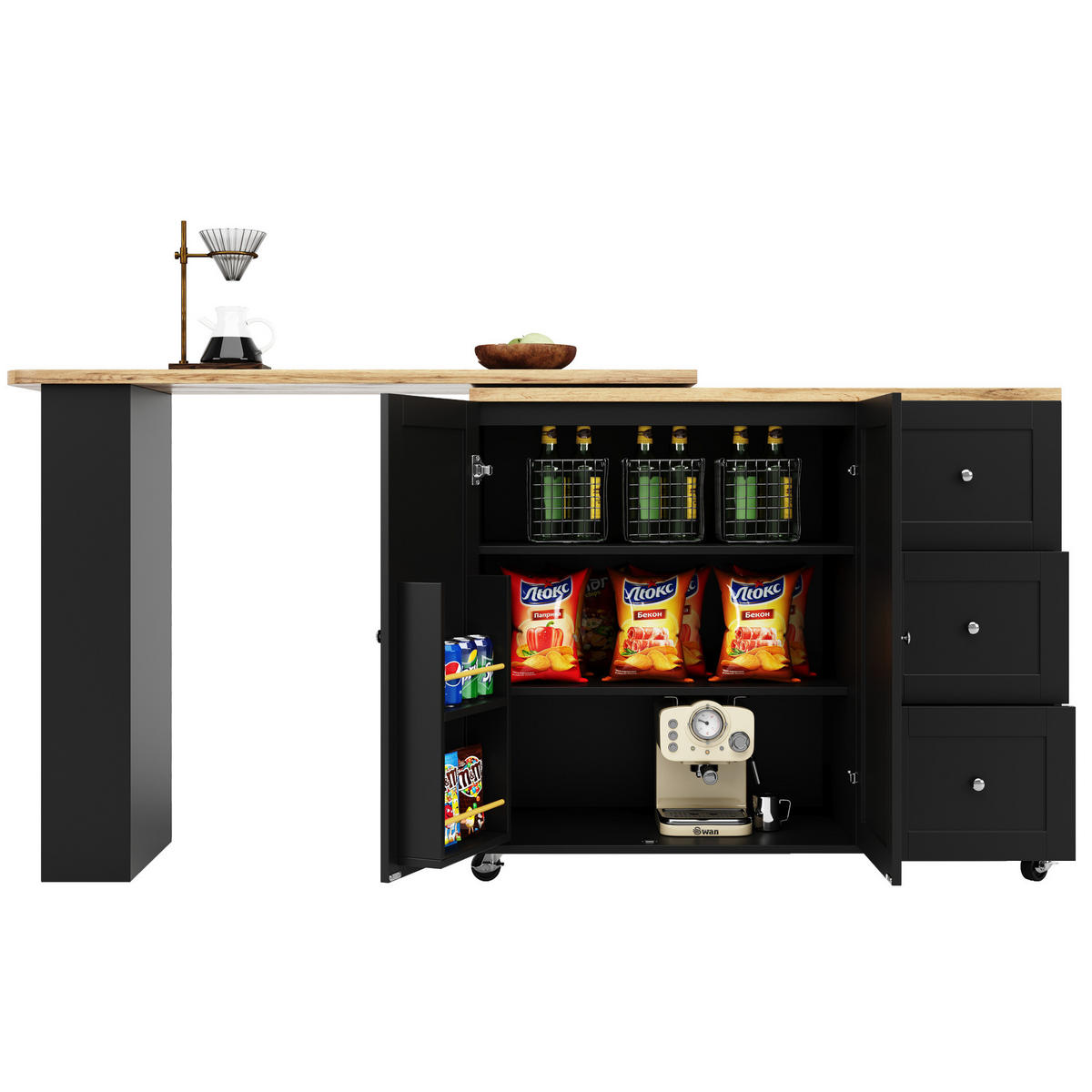 BARTISCHSCHRANK 360° drehbar auf Rollen 203 x 39 x 106 cm Schwarz - Schwarz, Holz (39/106/203cm) - Beauniv