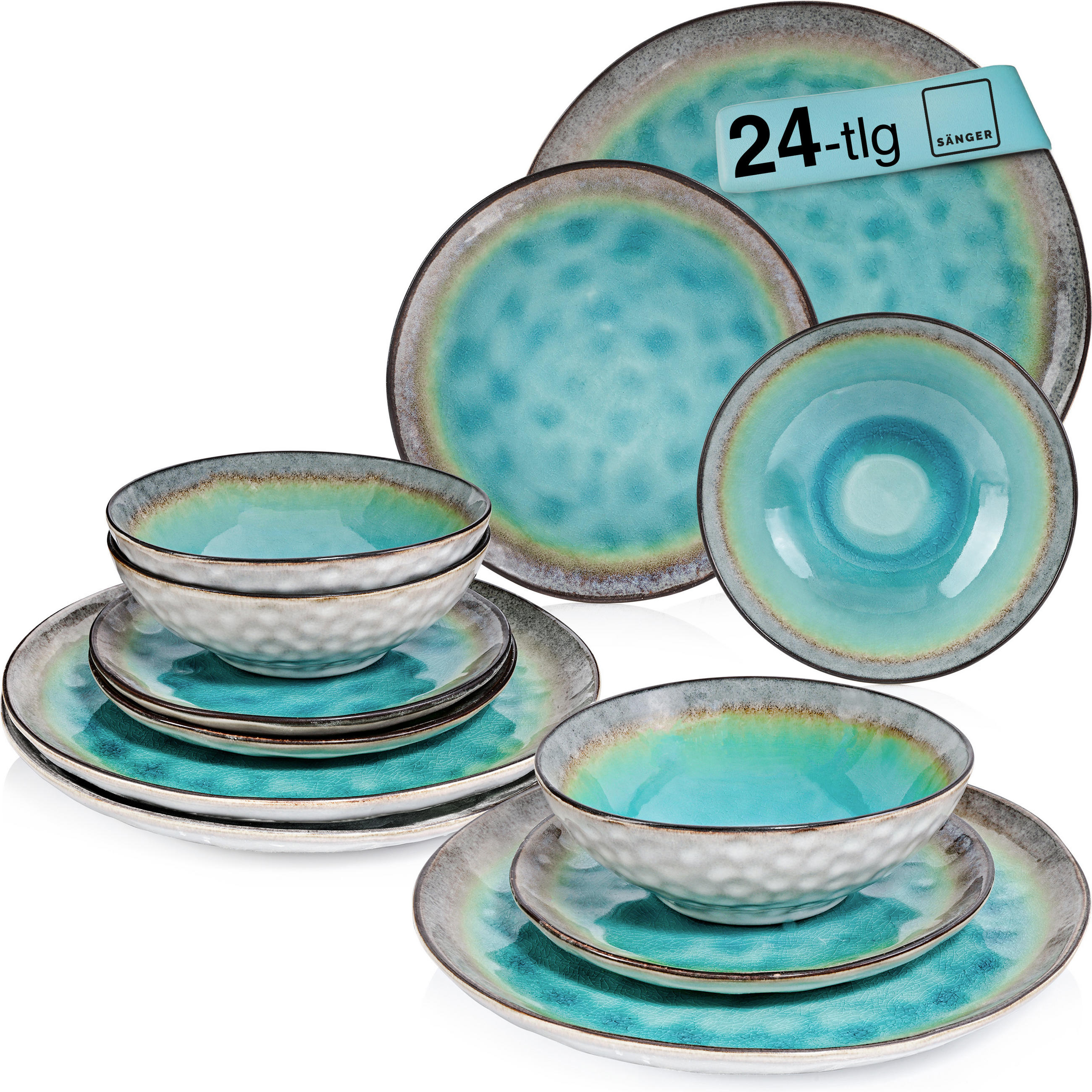 SÄNGER Steingut Geschirrset Capri, Tafelservice 24 teilig für 8 Personen - Pastellblau, Keramik (35.4/33/36.29cm)