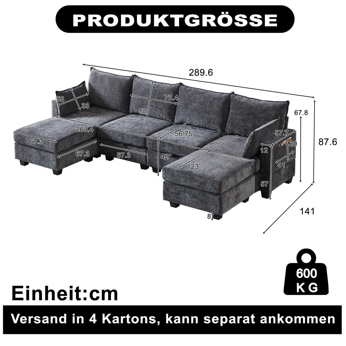 WOHNLANDSCHAFT DE-34550 U-Form mit Stauraum und 6-Sitzer Grau - Grau, Textil (141/87.6/289.6cm) - ComfortXL