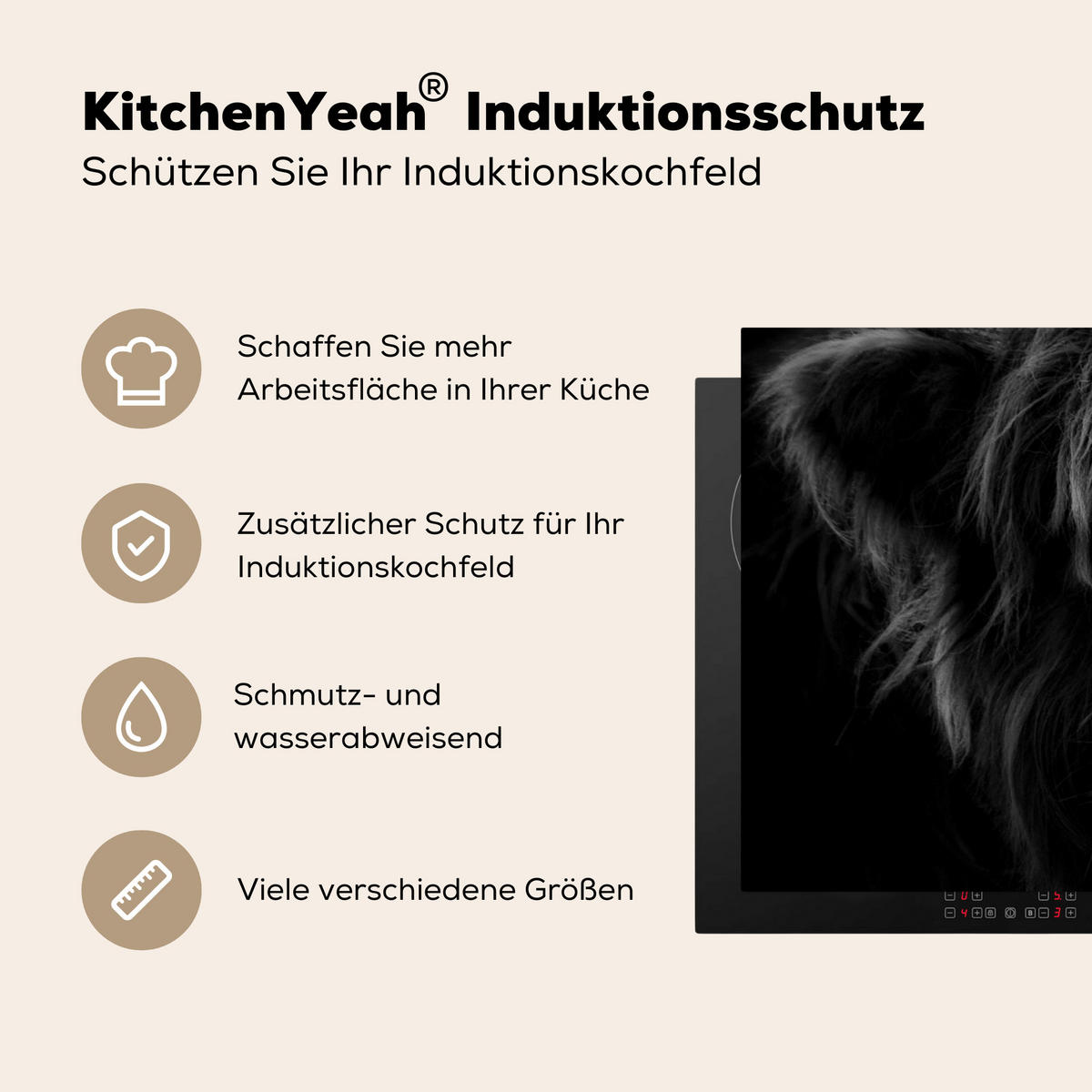 HERDABDECKPLATTE Schottischer Highlander - Kuh - Schwarz - Weiß - Tiere Induktionsschutz 91.6x52.7 cm - Schwarz, Kunststoff (91.6/52.7/0.2cm) - MuchoWow