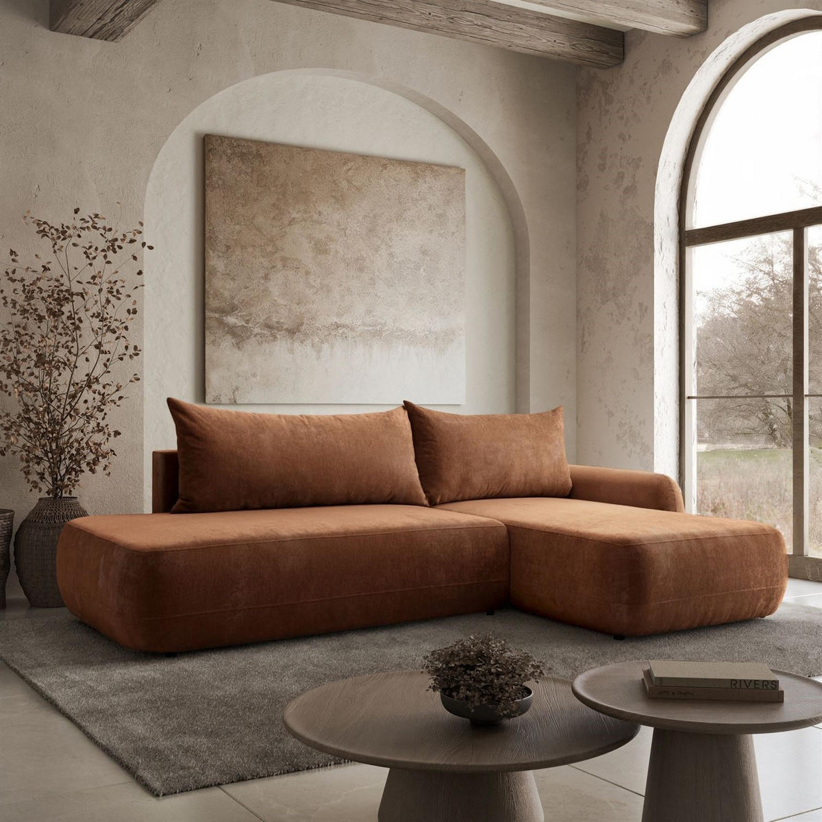 ECKSOFA GOYA mit Schlaffunktion und Bettkasten, Rechte, Perfect Harmony 52 - Rotbraun, Textil (302/184cm) - Lookway