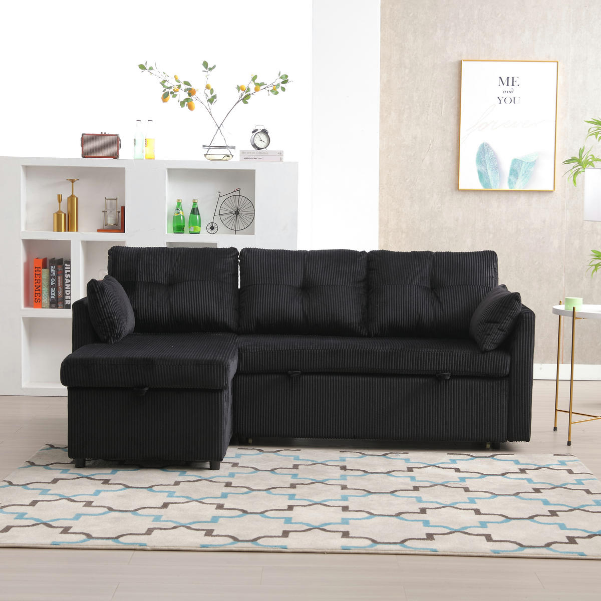 SCHLAFSOFA mit Stauraum, Ausziehbett und wechselbarer Chaiselongue - Schwarz, Textil (206/66/108cm)