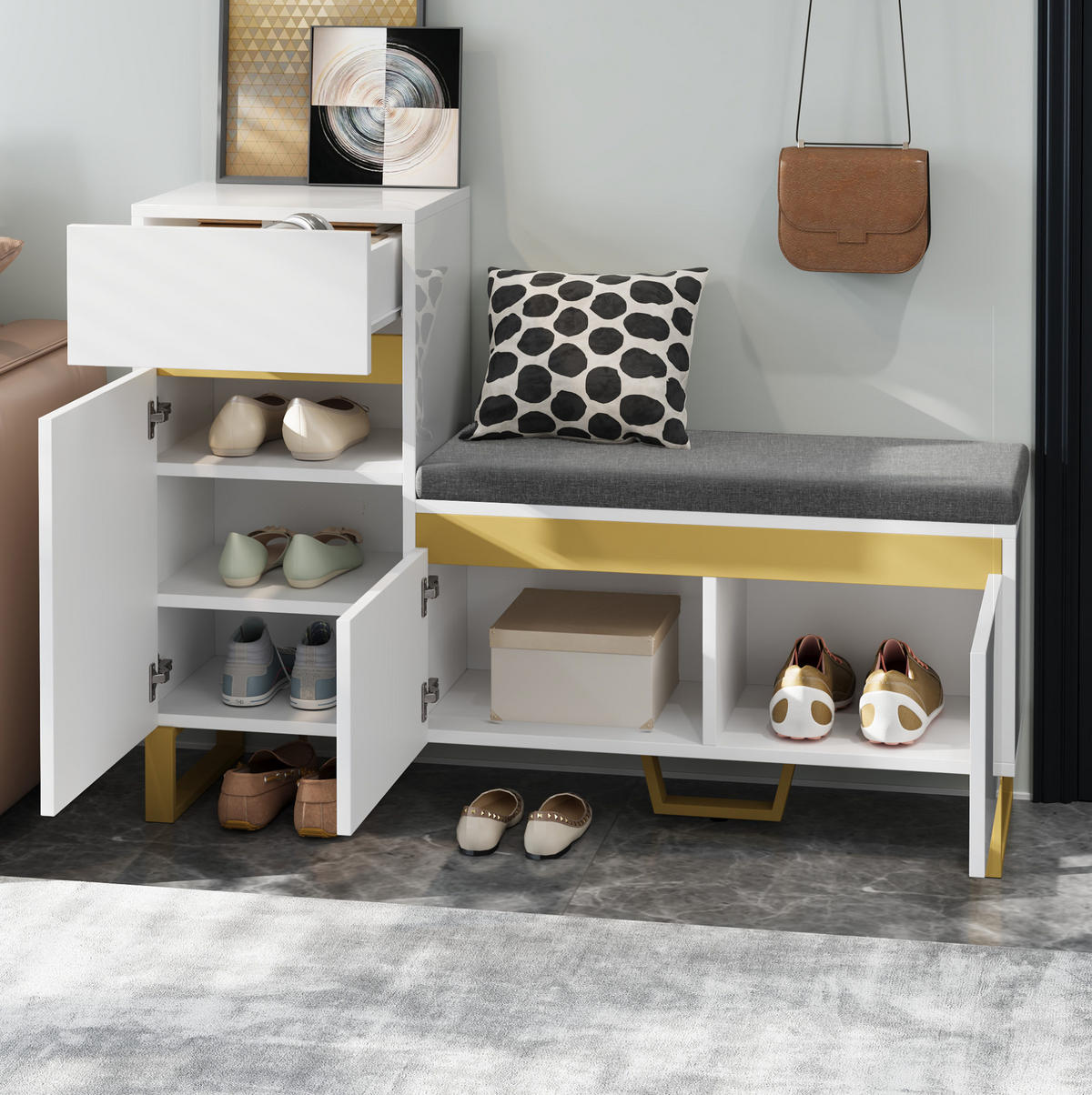 SCHUHSCHRANK 120/35/85 cm in Weiß mit Sitzkissen und Schublade - Weiß, Holzwerkstoff (120/85/35cm) - Flora Grace