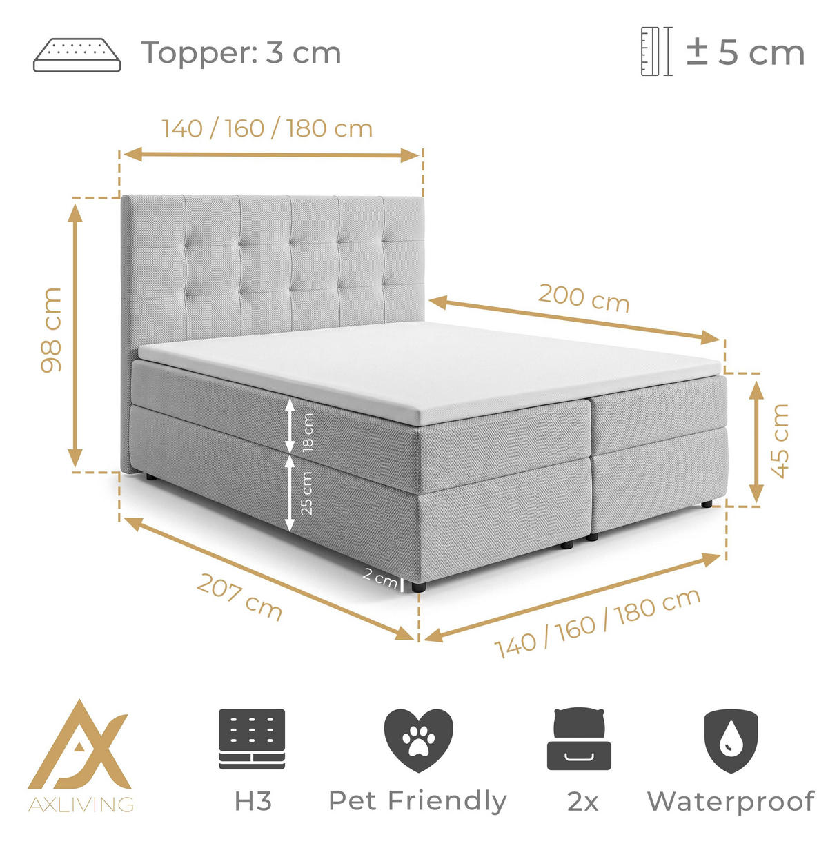 BOXBETT SAKARYA 160x200 cm mit Bettkasten und Matratze - Creme + TOPPER - Creme/Schwarz, Holz/Holzwerkstoff (160/200cm) - AX Living