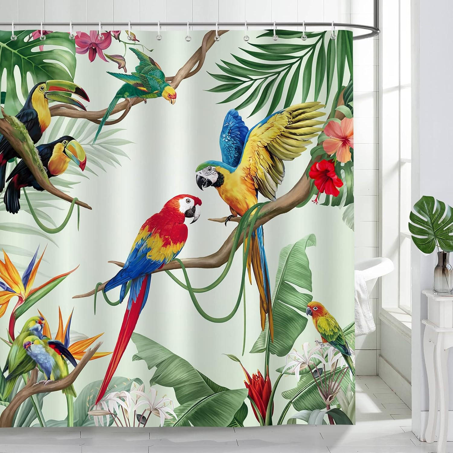 DUSCHVORHANG tropisch Vögel Blatt Grün schimmelresistent wasserdicht waschbar Badezimmer mit Haken - Multicolor, Textil (180/180cm) - MCBOSON