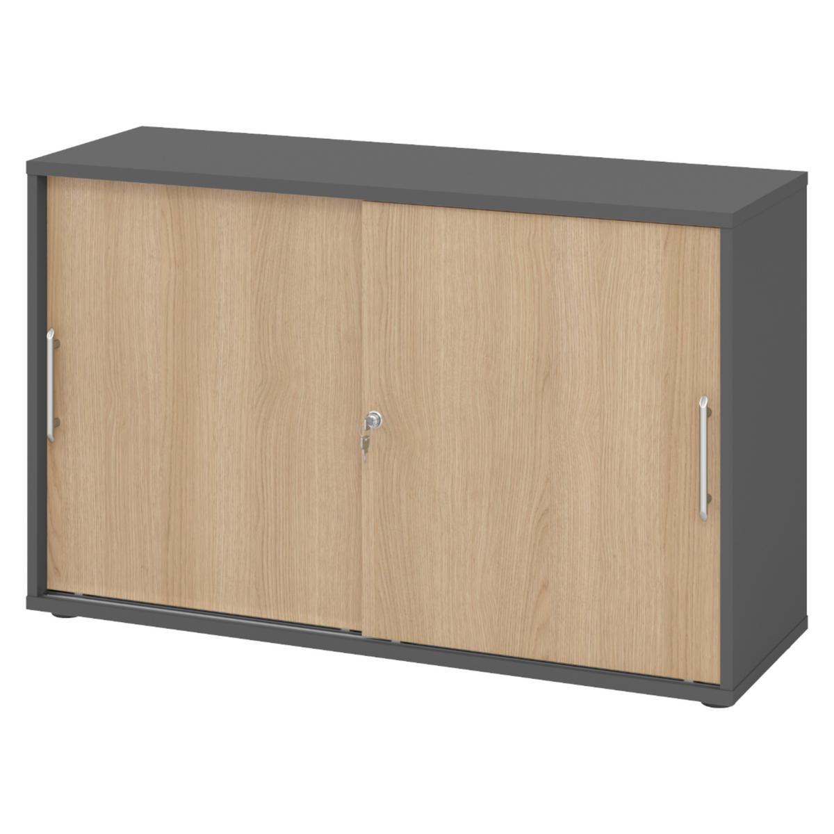 SCHIEBETÜRENSCHRANK - 2 Ordnerhöhen 40/120/74,8 cm in Graphitfarben/Eichefarben Relinggriff (Kunststoff) - Eichefarben/Graphitfarben, Holzwerkstoff (120/74.8/40cm) - bümö