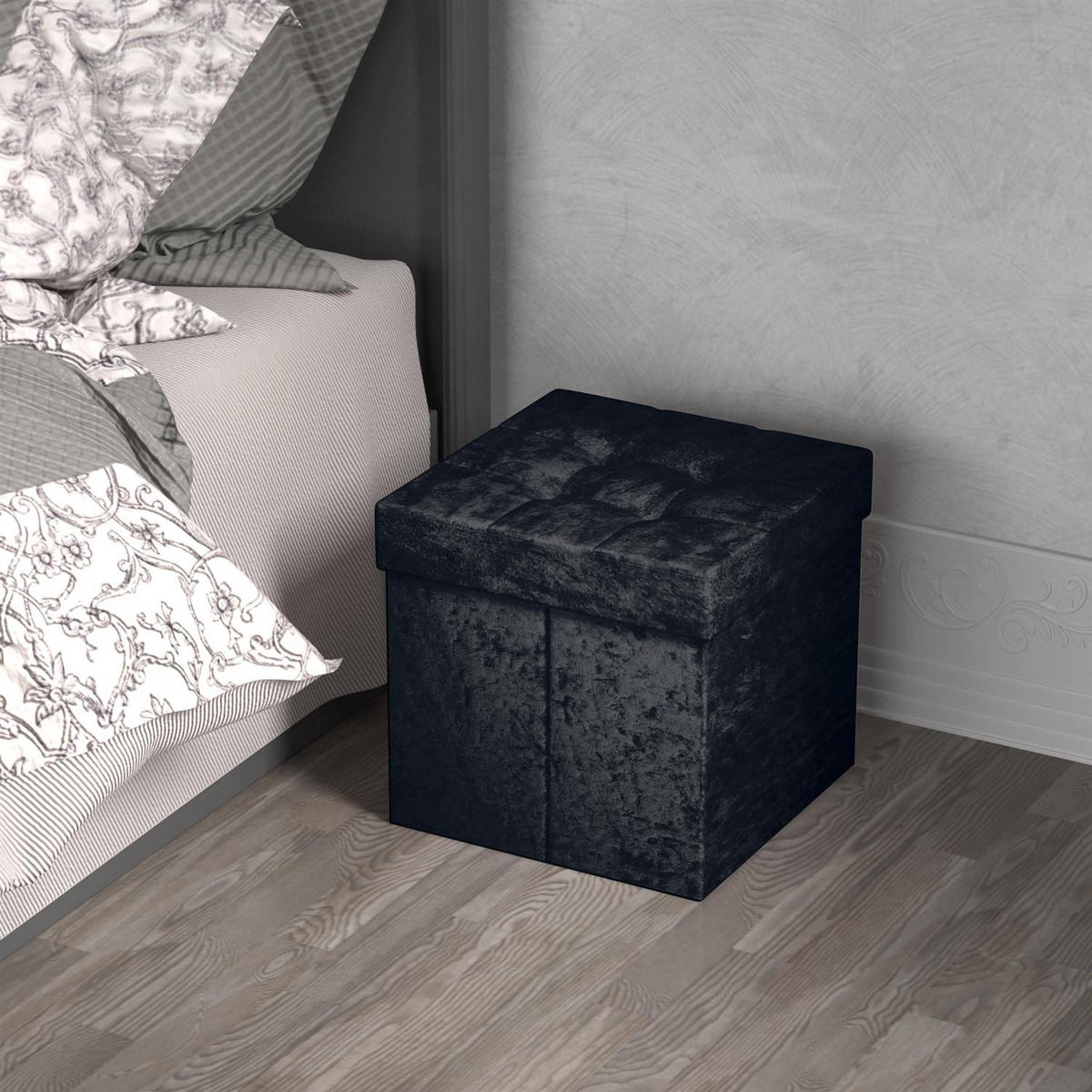 SITZBOX Faltbar mit Samtbezug 30/30/30 cm (Schwarz) - Schwarz, Karton (30/30/30cm) - Intirilife
