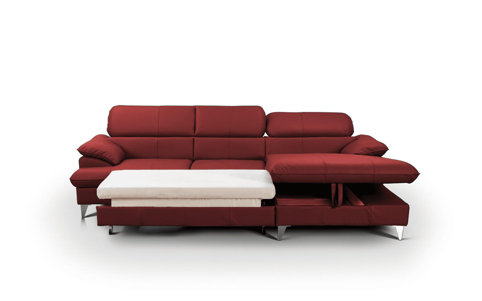 ECKSOFA mit Schlaffunktion und Bettkasten, Echtleder - Chromfarben/Rot, Leder/Holz (167/254cm) - Cotta