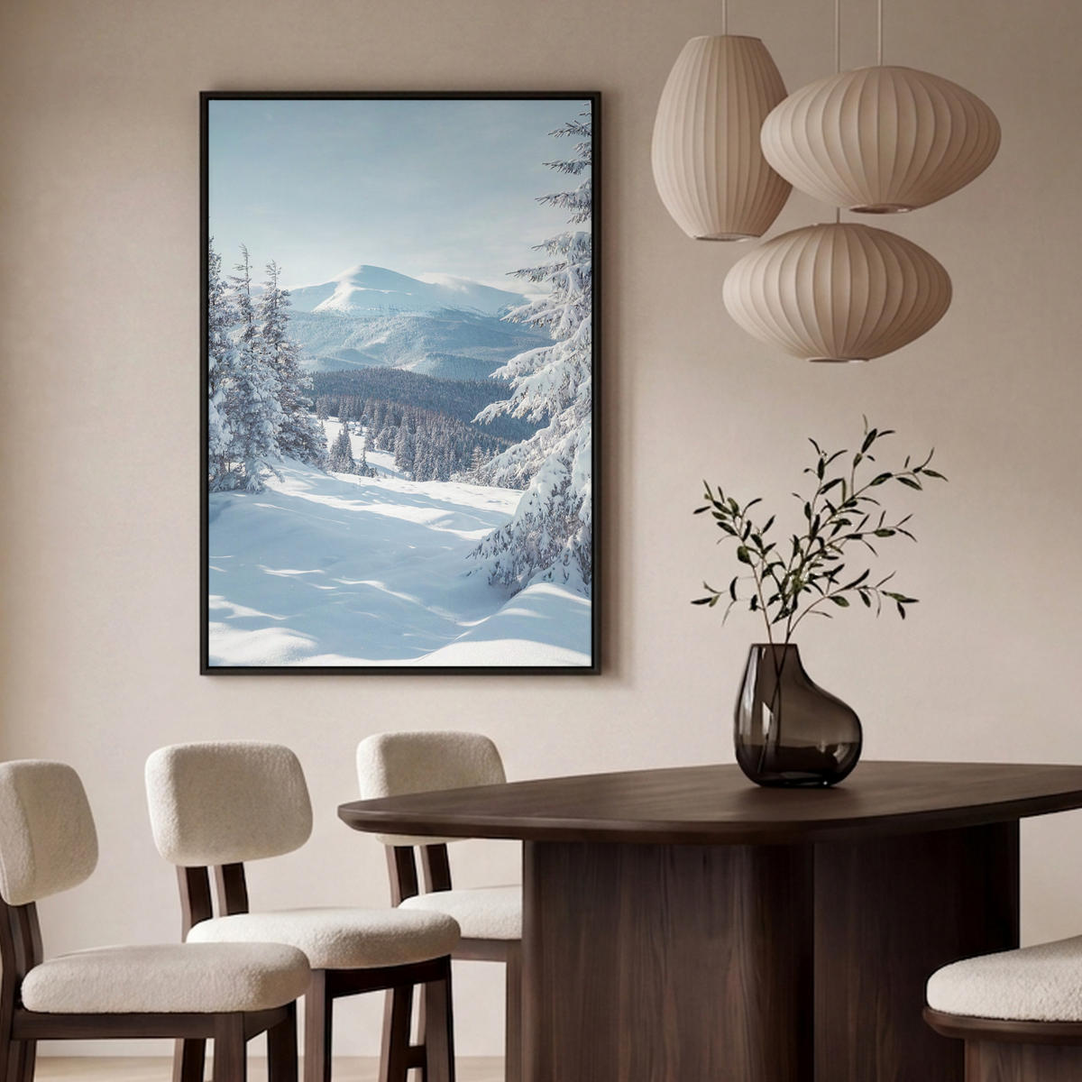 LEINWAND Bilder mit Rahmen - Winterlandschaft - Natur - Berge - Bäume - Schnee - 100x150 - Hellblau, Textil (100/150cm) - MuchoWow