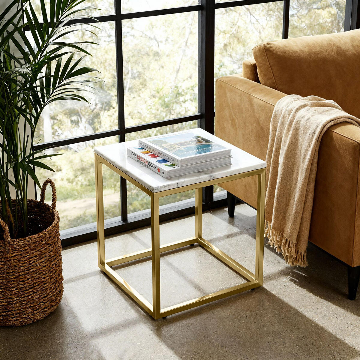 MARMOR-BEISTELLTISCH Alysia, mit höhenverstellbaren Kunststofffüßen, gold/weiß - Goldfarben/Weiß, Stein (45/45/47.5cm) - tectake