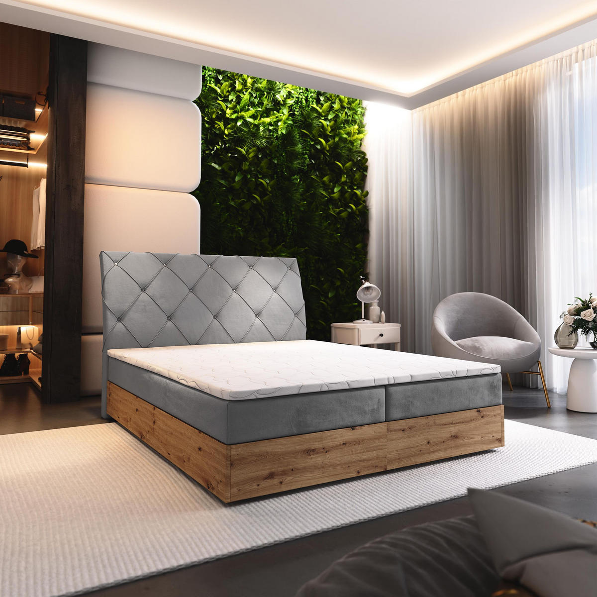 BOXBETT VELLANO 140x200 cm mit Matratze und Topper - Hellgrau - Hellgrau, Holz (140/200cm) - MASSENO
