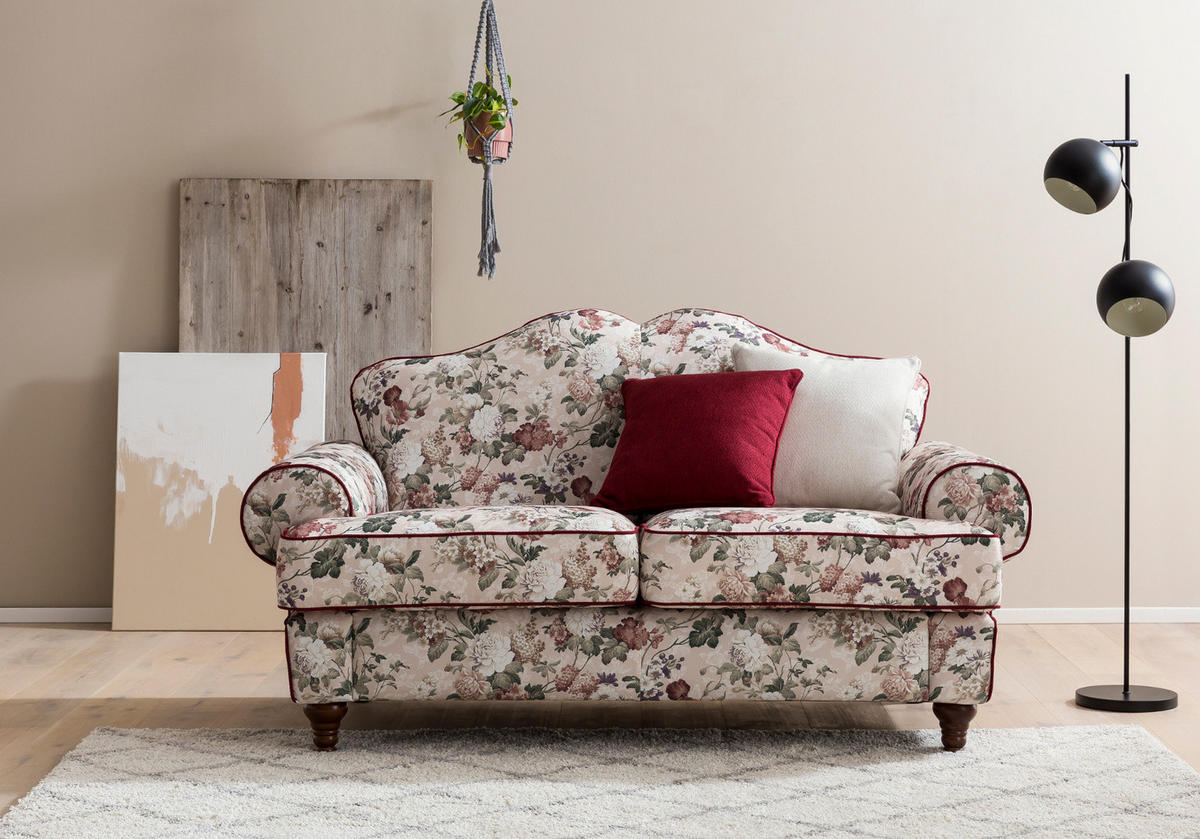 SOFA 2-SITZER creme Landhaus, Blumen Design, Couch 170 cm - Rot/Multicolor, Holz/Textil (110/96/90cm) - Furn.Design
