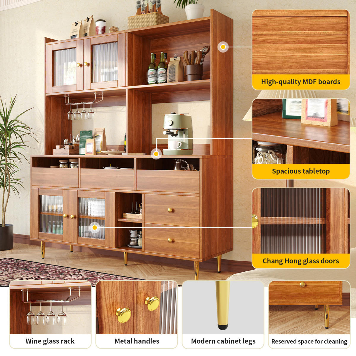 BUFFET 145/171/39 cm walnussfarben aus MDF mit Changhong-Glastür und Weinregal - Walnussfarben, Holzwerkstoff (39/171/145cm) - OKMYHOME