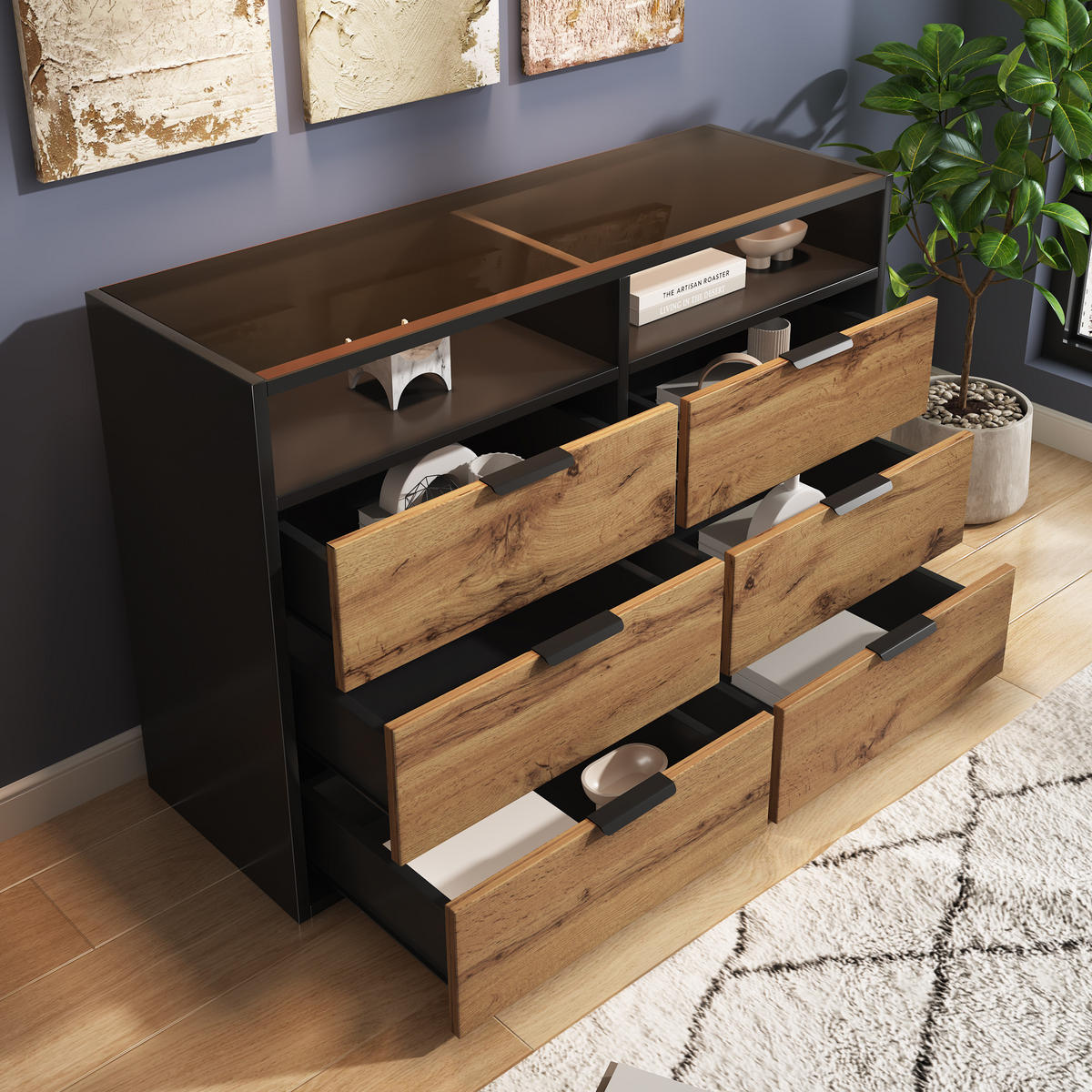 SIDEBOARD Holz mit 4 Türen 3 Schubladen Schwarz/Artisan Eiche - Braun, Glas/Holzwerkstoff (120/80/40cm) - Urban Meuble