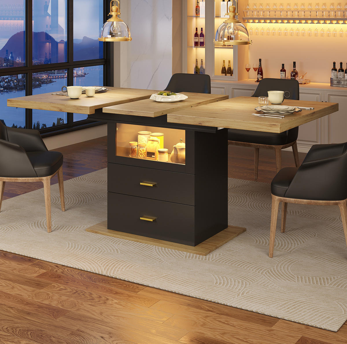 ESSTISCH 110/140/80 cm in Holzoptik mit 2 Schubladen und LED-Beleuchtung - Naturfarben, Holzwerkstoff (140/80/75cm) - Flora Grace