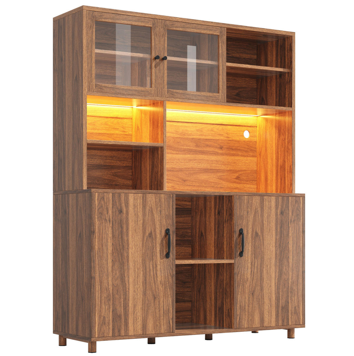 BUFFET aus MDF und Glas 140x40x185 cm Walnussbraun mit LED-Beleuchtung, USB-Anschluss und Schiebetüren - Braun, Glas (140/185/40cm) - Modfu