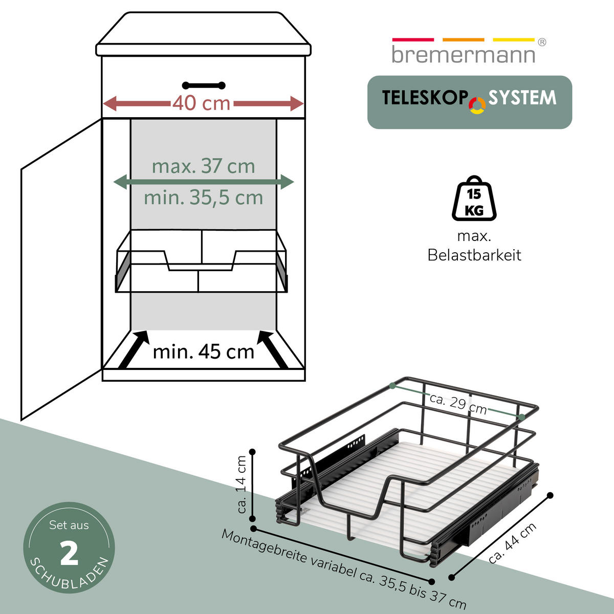 TELESKOPSCHUBLADEN (2er Set), für 40 cm Schrank, Metall, Schwarz - Chromfarben, Metall (37/14/44cm) - bremermann