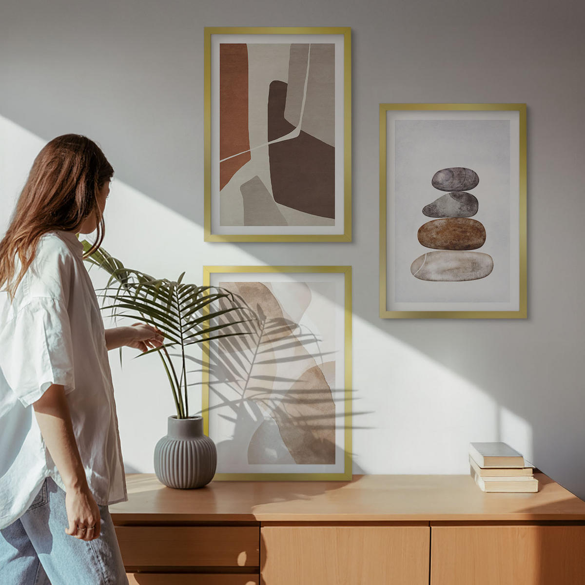 BILDER SET 3er Set - 40x60 cm Goldrahmen - Moderne abstrakte Malerei - Goldfarben, Kunststoff (40/60cm) - TULUP