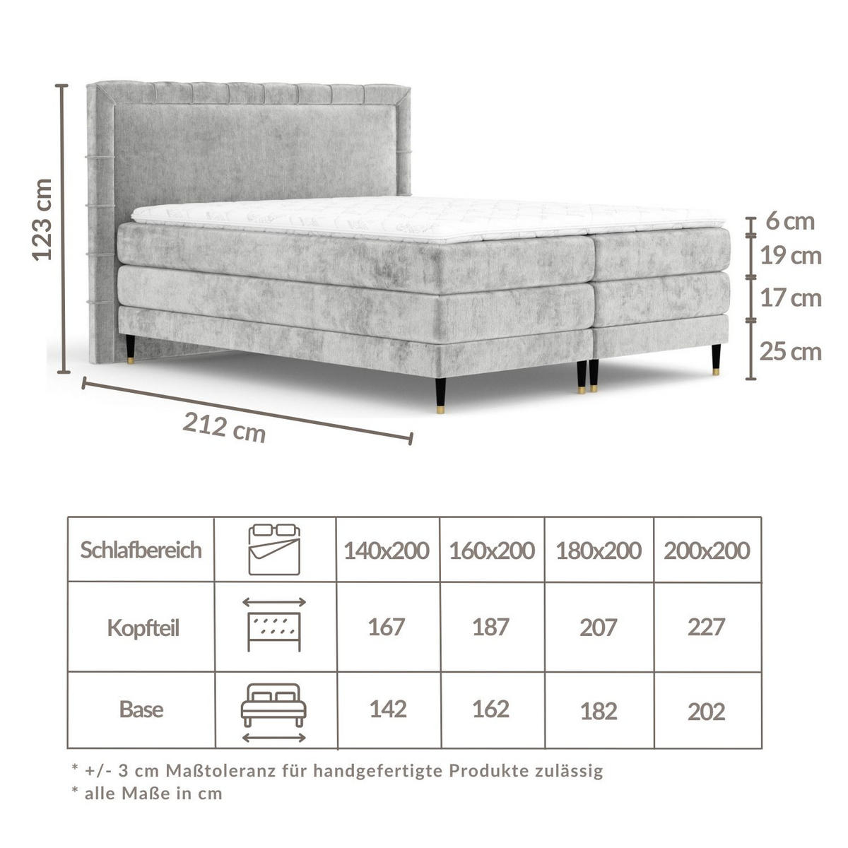 BOXSPRINGBETT Rimini Hellgrau 180/200 cm mit Matratze und Topper - Hellgrau/Schwarz, Holz/Holzwerkstoff (180/200cm) - Maison de Reve