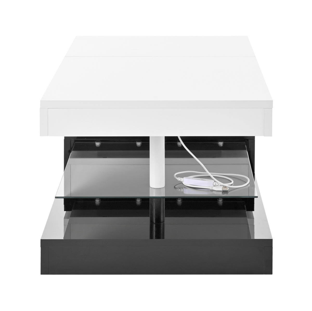 COUCHTISCH 90/45/35,5 cm mit LED-Beleuchtung, Glasablage & Hochglanz in Schwarz/Weiß - Weiß, Holzwerkstoff (90/45/35.5cm) - Flora Grace