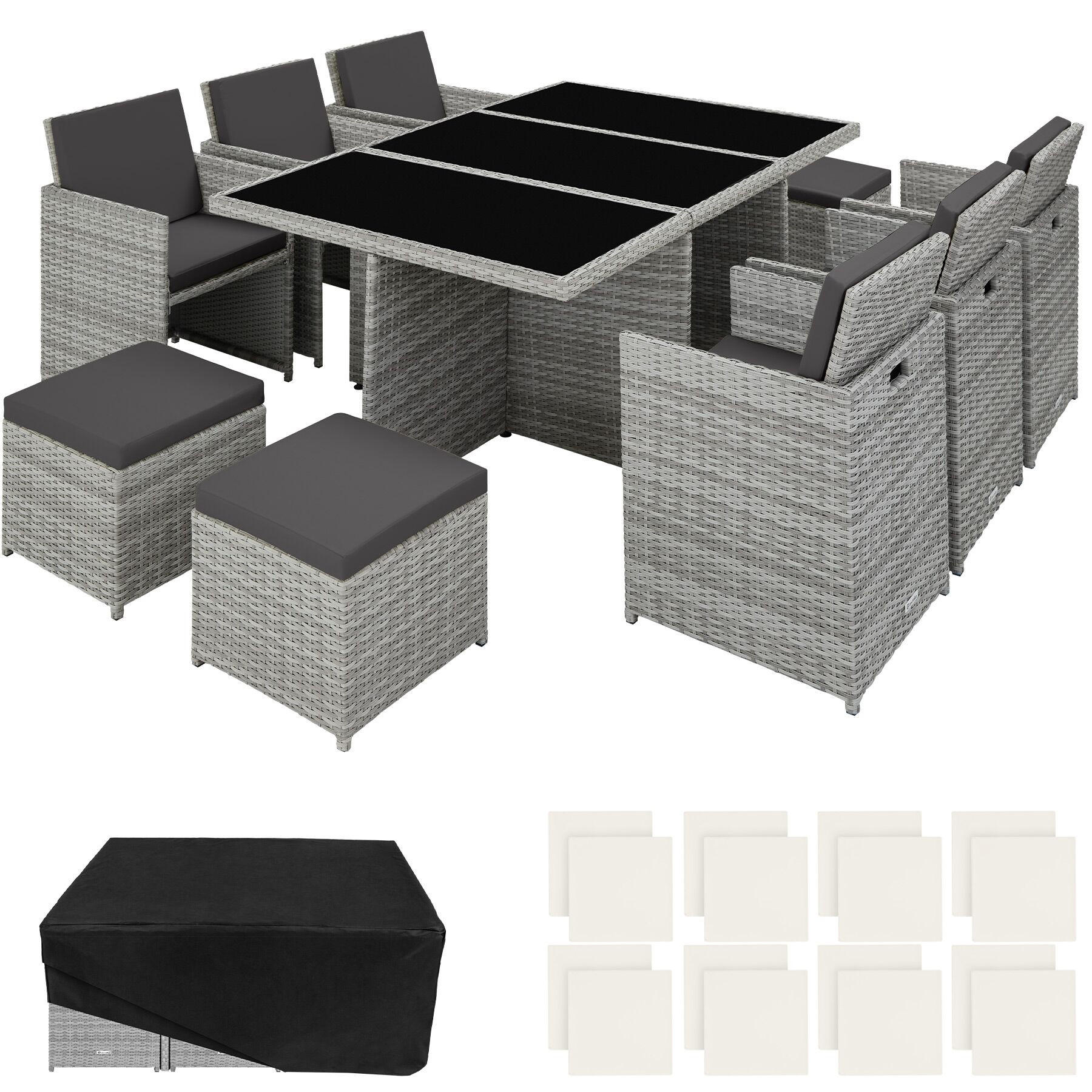 RATTAN SITZGRUPPE New York,2 Bezugssets, zusammenschiebbar, inklusive Schutzhülle,hellgrau - Hellgrau, Kunststoff - tectake