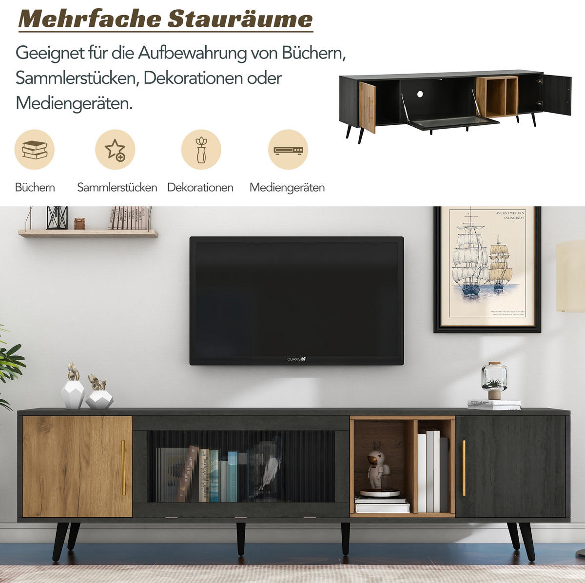 TV-LOWBOARD 200/40/55,5 cm mit 3 Türen und Kabeldurchlass - Grau, Holzwerkstoff (200/55.5/40cm) - BEAOK