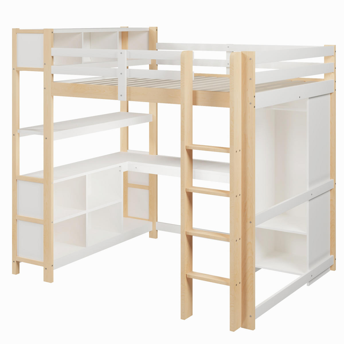 HOCHBETT 140/200 cm mit Schreibtisch, Regalen und Kleiderschrank aus Kiefern, Natur/Weiß - Weiß, Holzwerkstoff (140/200cm) - Redom