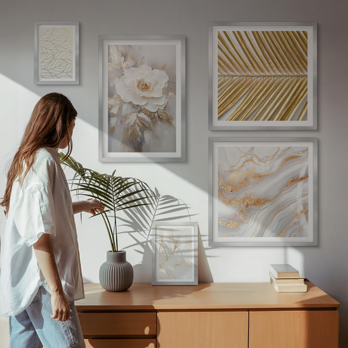 BILDER SET 5er Set - 50x50 cm & 20x30 cm & 40x60 cm Silberner Rahmen - Abstrakte Katzenmalereien - Silberfarben, Kunststoff (40/60cm) - TULUP
