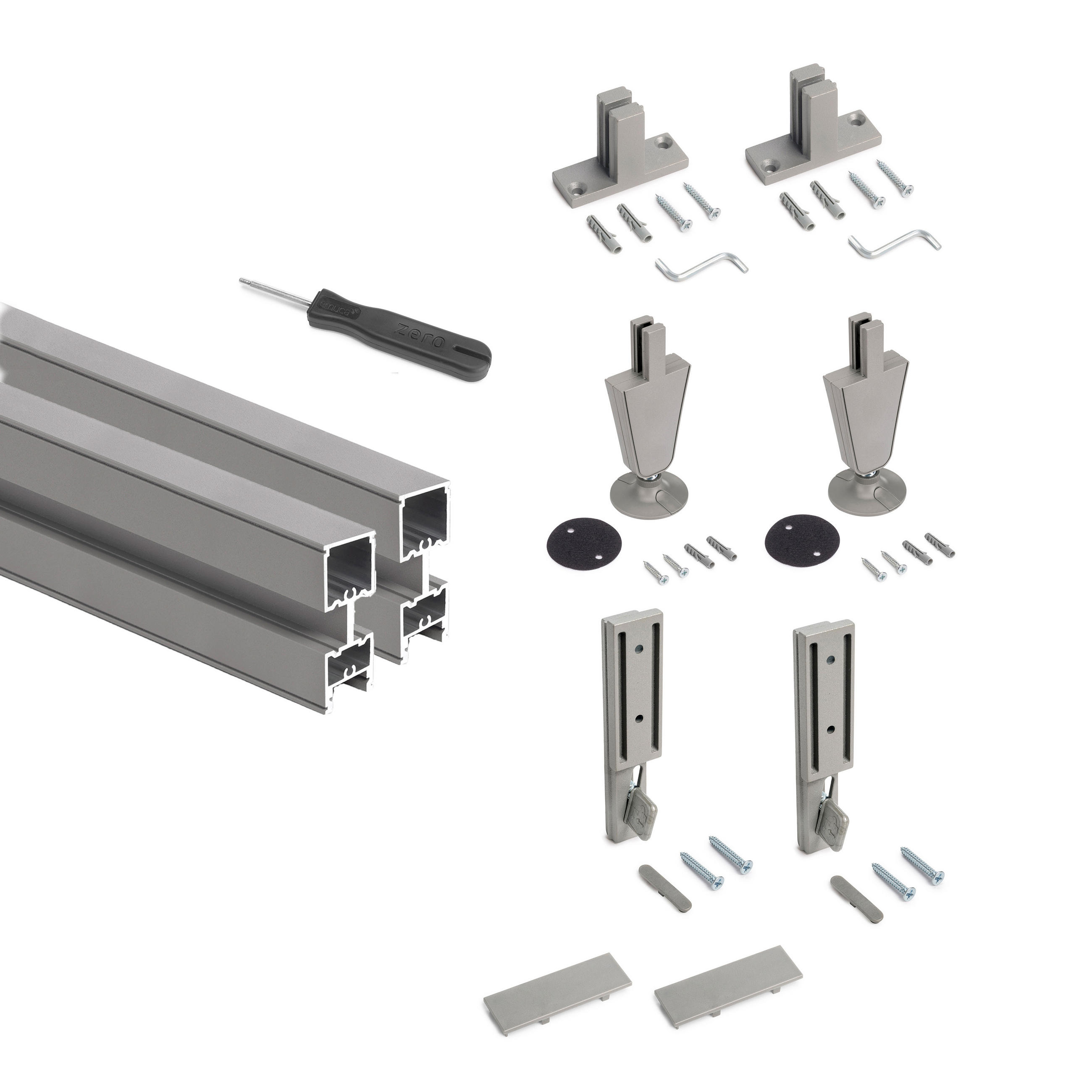 RAHMEN Zero, mit Beschlägen und Profilen für Boden- und Wandmontage mit Nivellierer, Aluminium und Zamak, Steingrau 2er-set - Grau, Metall (2.2/225/26.5cm) - EMUCA