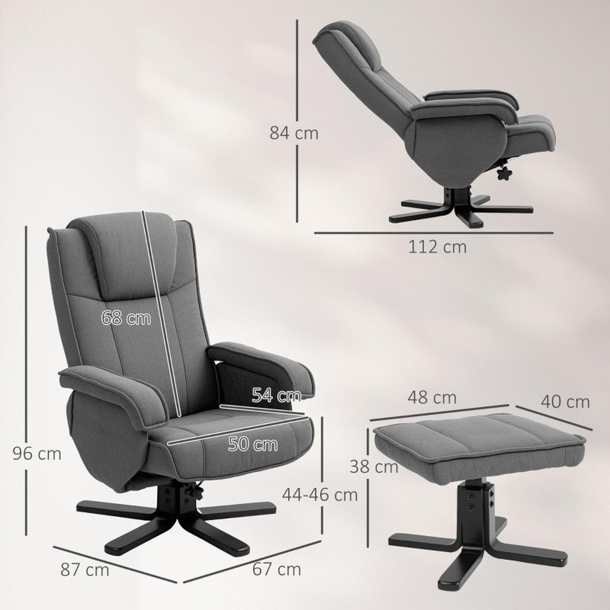 RELAXSESSEL Polyester mit Hocker 360° drehbar, 135° verstellbar 67/87/96 cm Dunkelgrau - Dunkelgrau, Textil (67/96/87cm) - Redom