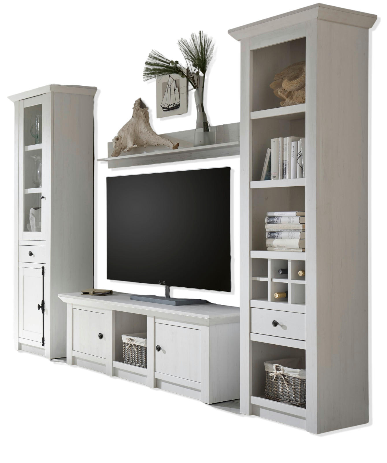 WOHNWAND weiß Pinie Landhaus, Schrankwand 4-teilig 293 x 207 cm - Anthrazit/Weiß, Holzwerkstoff/Metall (63/207/45cm) - Furn.Design