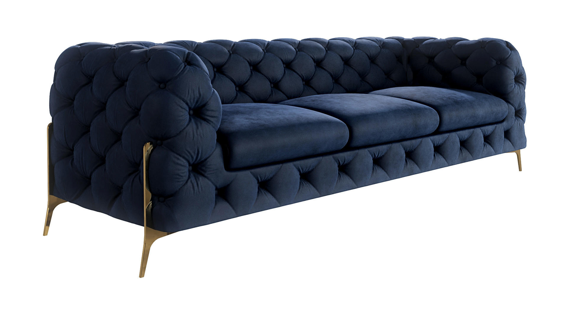 S-Style CHESTERFIELD TŘÍMÍSTNÁ POHOVKA Lexi z tmavě modrého sametu se zlatými nohami