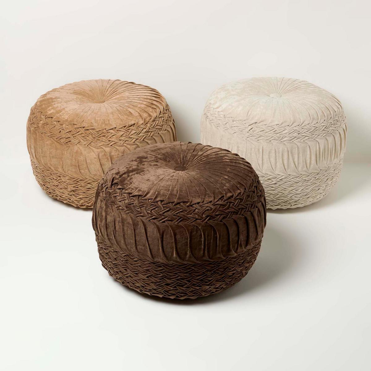 SAMT-POUF Sofia braun, plissiert in Flechtoptik, 50/50/35 cm - Braun, Textil (50/35/50cm) - Homescapes