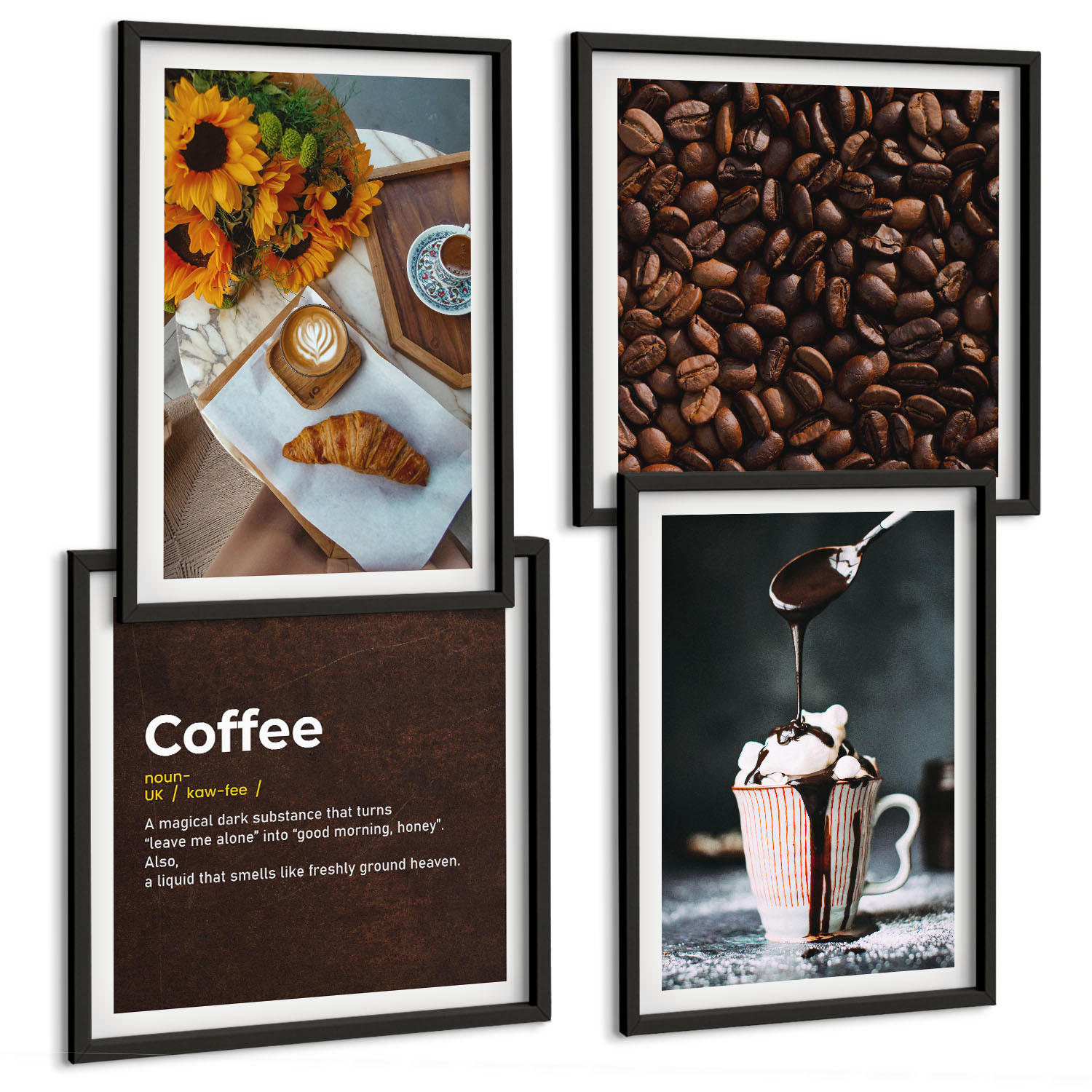 BILDER SET 4er Set - 50x50 cm & 40x60 cm Schwarzer Rahmen - Italienische Frühstückskaffeebohnen - Schwarz, Kunststoff (50/50cm) - TULUP