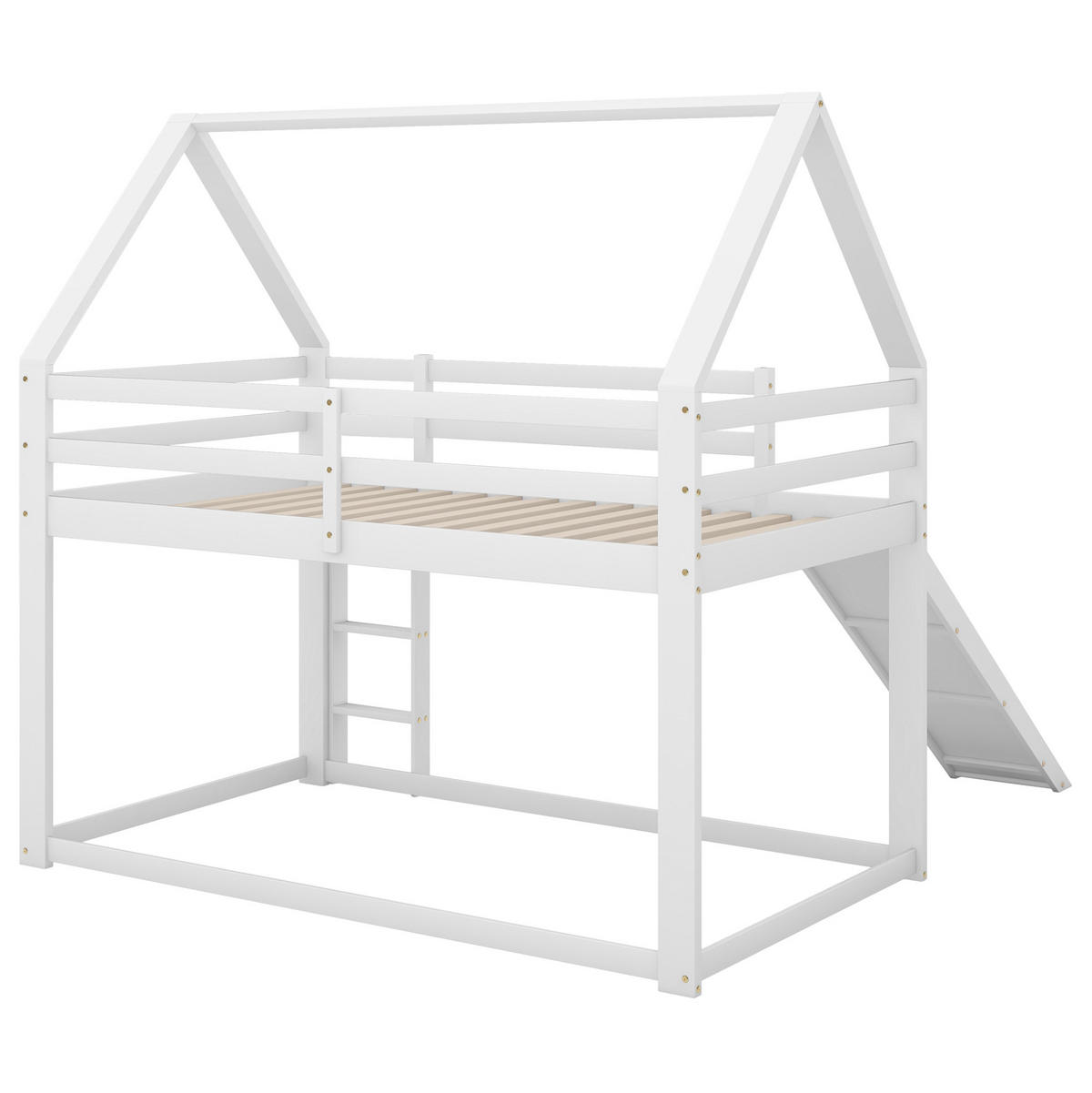 KATNI krevet od borovine 90x200 cm bijela s toboganom i ljestvama, kućni oblik - bijela, drvni materijal (90/200cm) - Modfu
