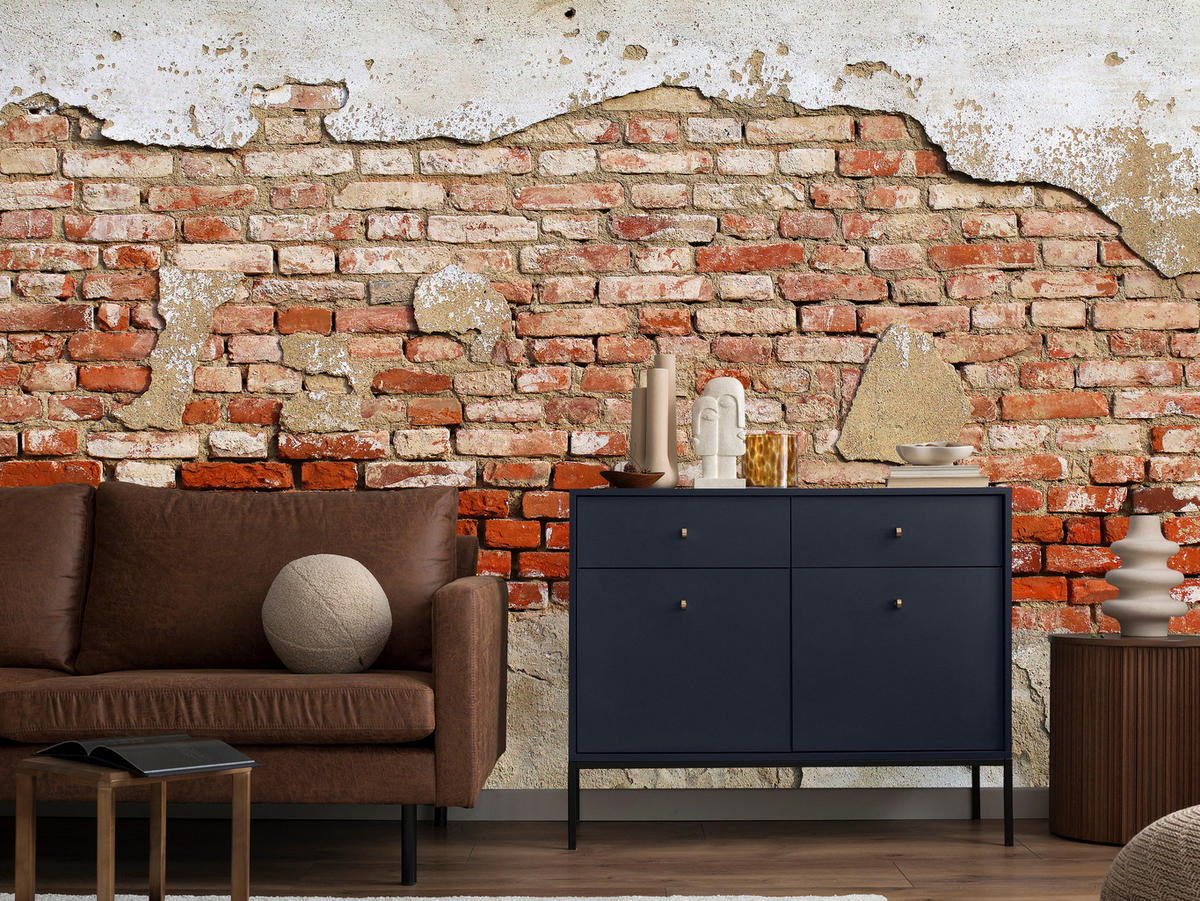 FOTOTAPETE für Wohnzimmer Alte Rissige Rote Ziegelwand Rustikal 200x140 - Beige/Rot, Papier (200/140cm) - Muralo