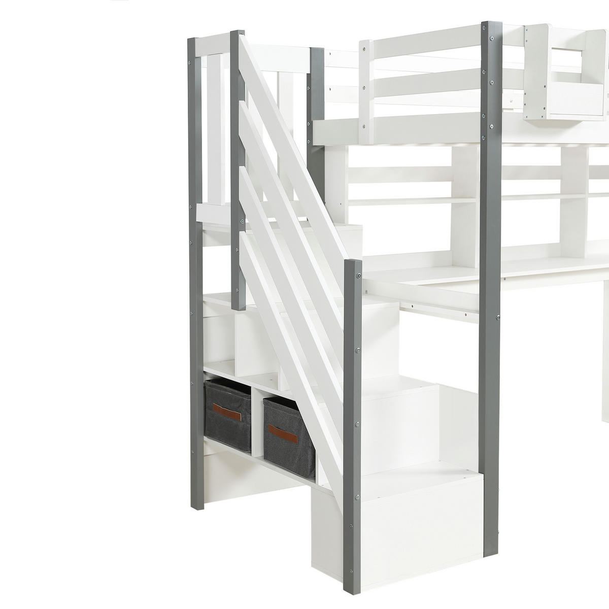 HOCHBETT aus Massivholz und MDF 90x200 cm in Weiß/Grau mit Schreibtisch - Weiß, Holz (90/200cm) - Modfu