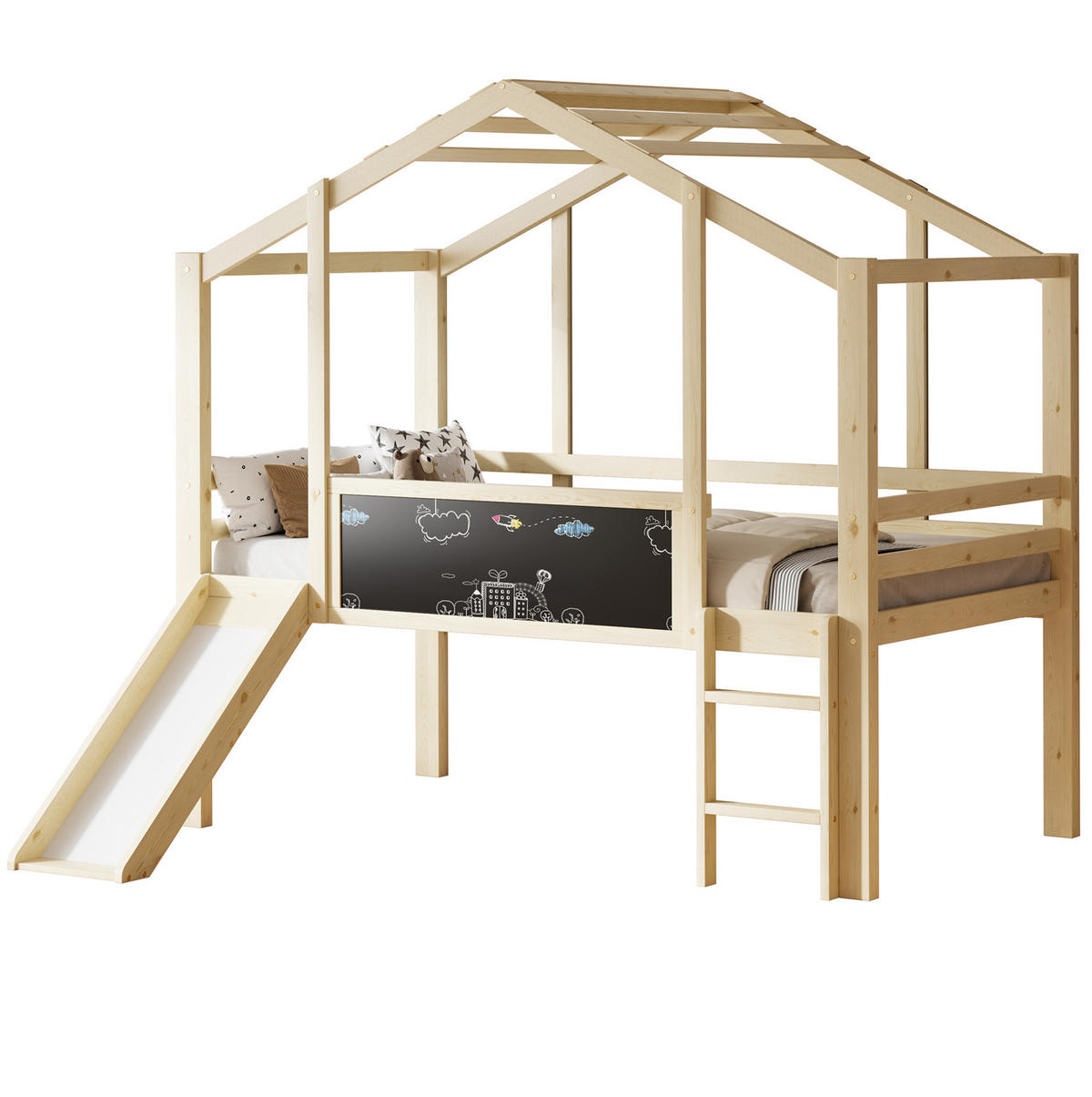 HOCHBETT 90/200 cm Dachboden-Design mit Rutsche und Tafel aus Massivholz mit Matratze - Naturfarben, Holzwerkstoff (90/200cm) - OKWISH