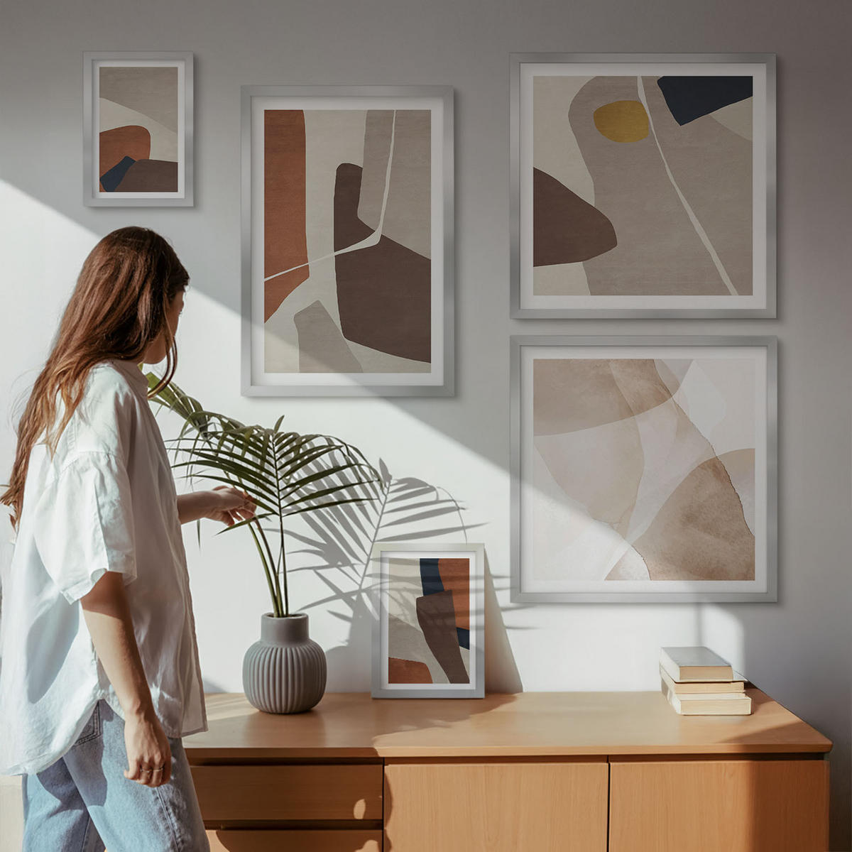 BILDER SET 5er Set - 50x50 cm & 20x30 cm & 40x60 cm Silberner Rahmen - Abstrakte moderne Formen - Silberfarben, Kunststoff (40/60cm) - TULUP
