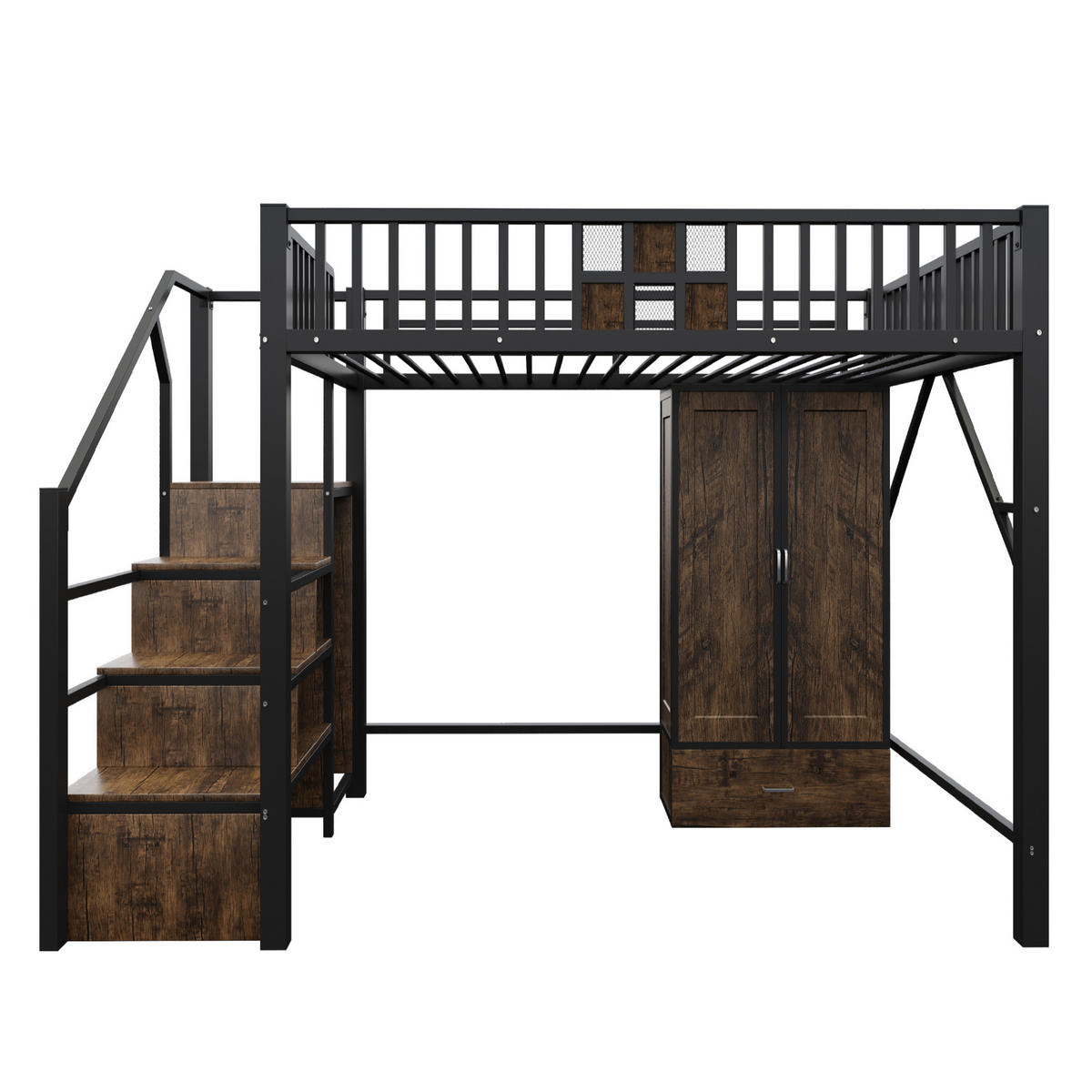 HOCHBETT 140/200 cm, Schwarz mit Kleiderschrank und Stauraum - Schwarz, Metall (140/200cm) - MIVRAY