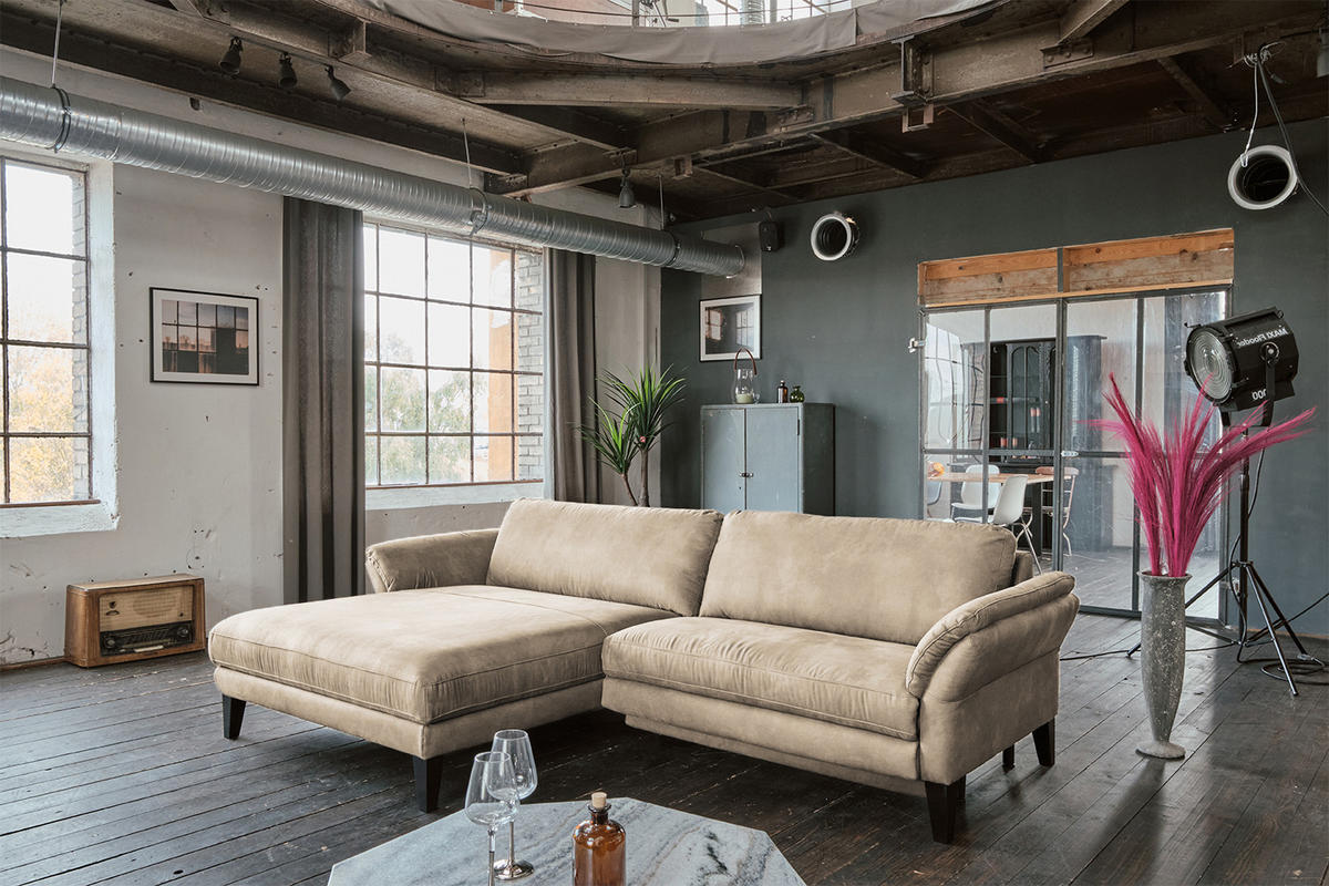 ECKSOFA MALTA Beige Webstoff - Beige/Schwarz, Buchenholz/Textil (302/175cm) - KAWOLA