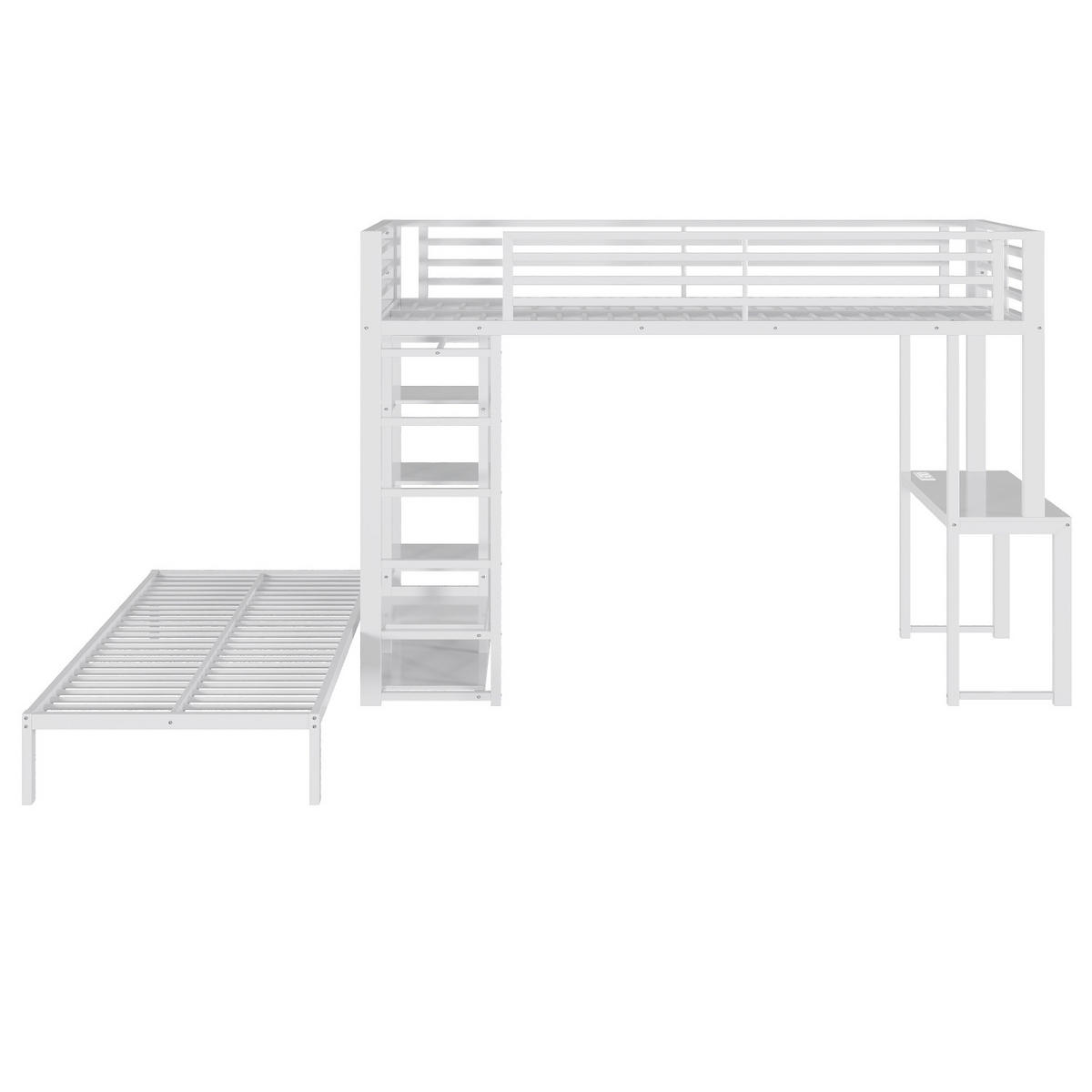 ETAGENBETT 90/200 cm Weiß mit Schreibtisch, Kleideraufbewahrung, USB- und Type-C-Schnittstelle - Weiß, Metall (90/200cm) - Oxeza