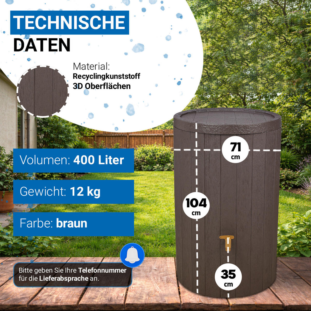 REGENTONNE 400 L, braun - Braun, Kunststoff (71/104/71cm) - 4rain