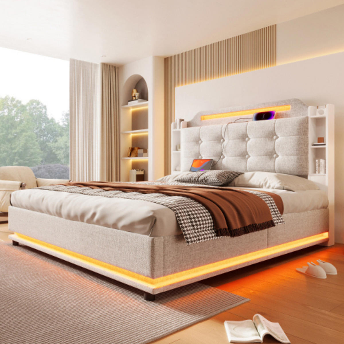 POLSTERBETT 140 × 200 cm mit Leinenbezug, LED-Lichtleisten, Hydraulikstauraum und USB-C Schnellladestation, beige - Beige, Textil (140/200cm) - Luhomfu
