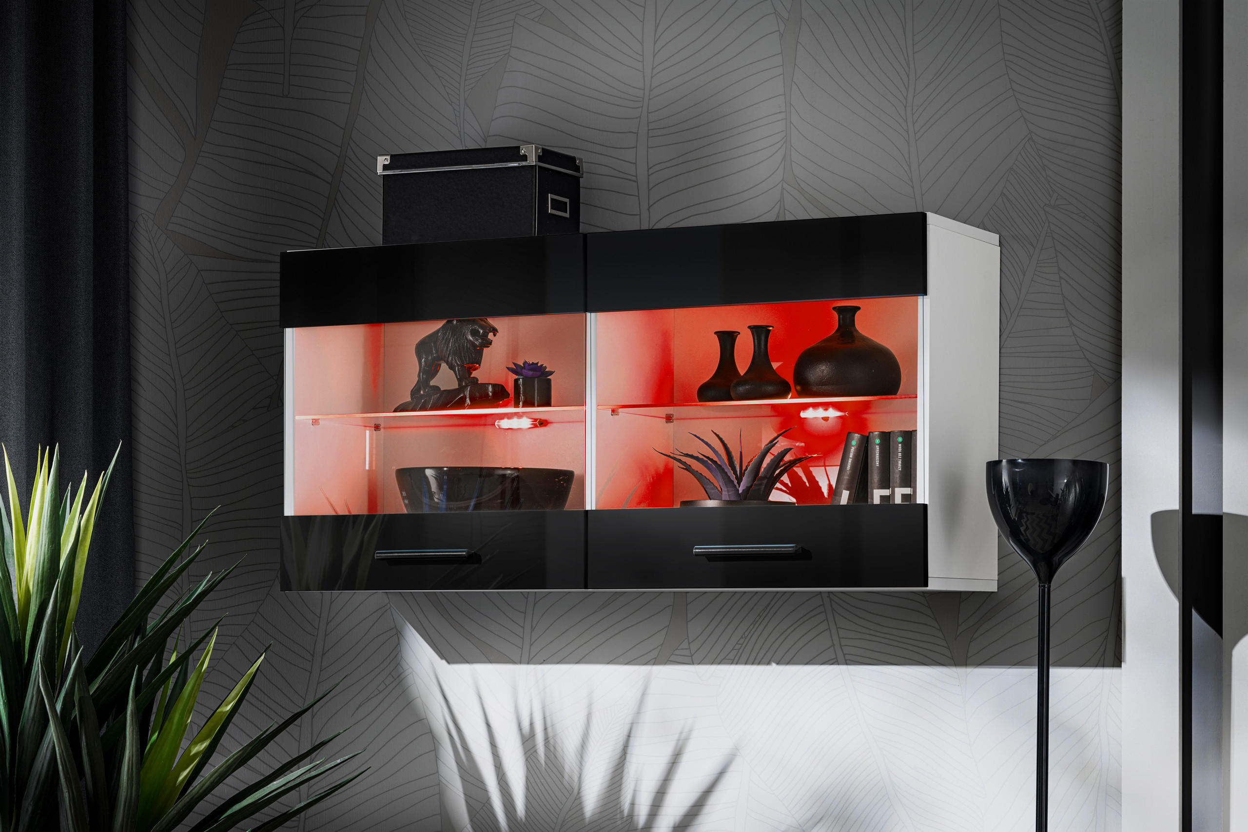 HÄNGEVITRINE SAVONA, Schwarz, LED Mehrfarbige - Schwarz/Weiß, Glas/Holzwerkstoff (100/50/27.2cm) - Komodee